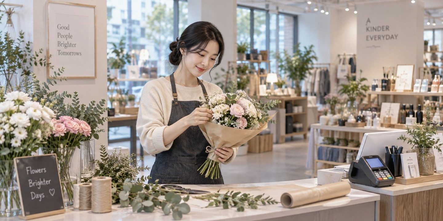 꽃이 놓인 매장 계산대에서 결제를 준비하는 운영자 — 중고기계 카드결제 냉장고 한 대 값도, 창고에서 바로 카드로 받으세요.