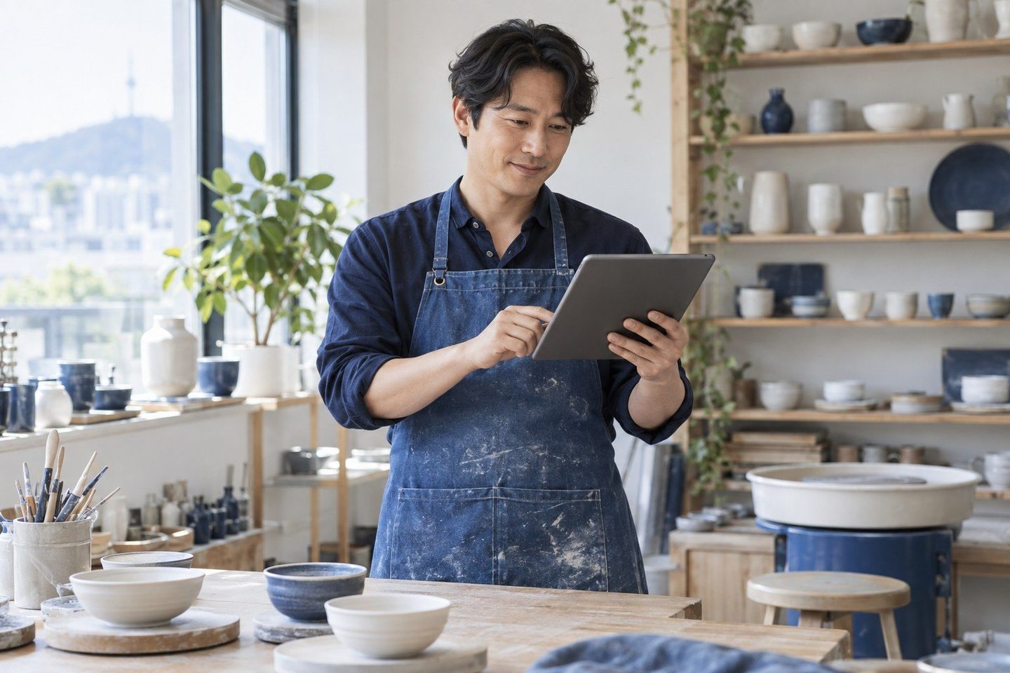 매장 업무 중 휴대용 기기를 확인하는 남성 — 중고기계 카드결제 상담상담, 다루는 장비만 들려주세요. 연락 주시면 빠르면 당일 개통까지 이어 드립니다.