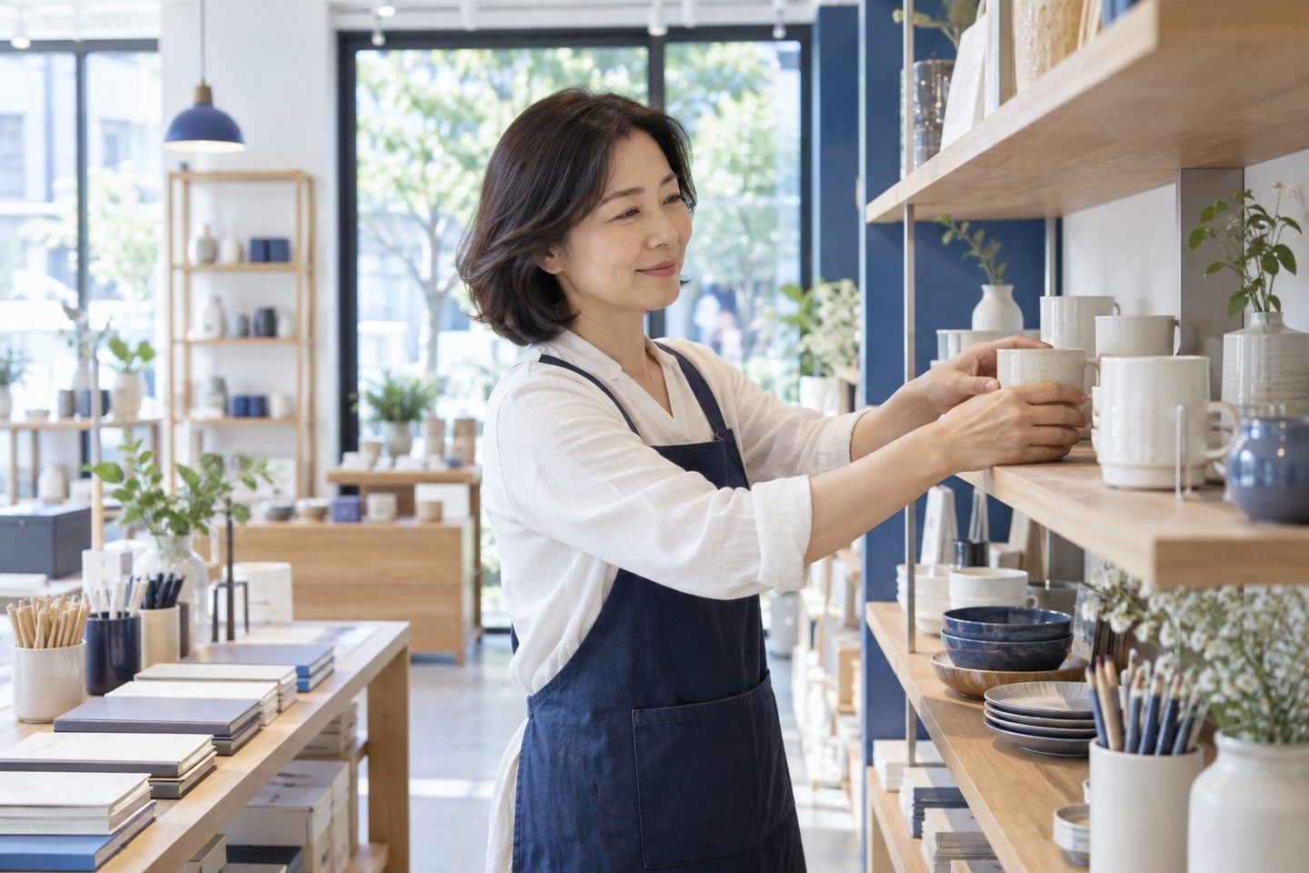 매장 계산대에서 업무를 보는 여성 — 중고기계 카드결제 창업 손님 한 팀이 그날 장사를 정합니다.