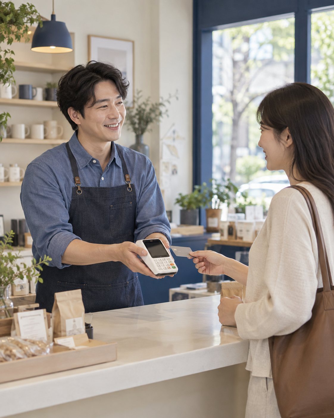 카운터에서 고객의 결제를 안내하는 운영자 — 중고기계 카드결제 창업 묶음창업 묶음, 주방을 통째로 사는 손님 오셨죠? 연락 주시면 합계 결제 흐름을 같이 짜 드립니다.